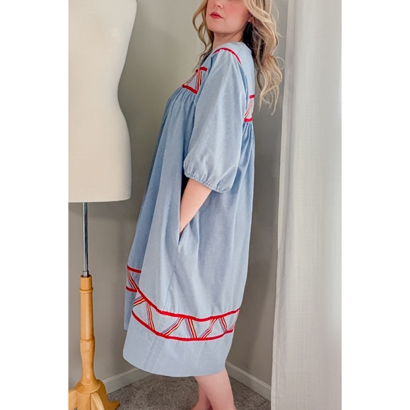 70s Blue Krist Gudnason for Rainbow Trim Cotton 1970s Vintage Midi Shift Dress - Picture 6 of 15